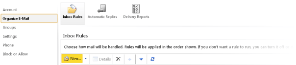 Creating a new rule in Outlook