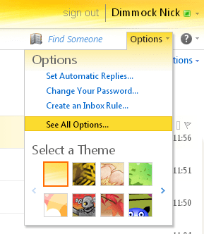 Options menu in Outlook web client